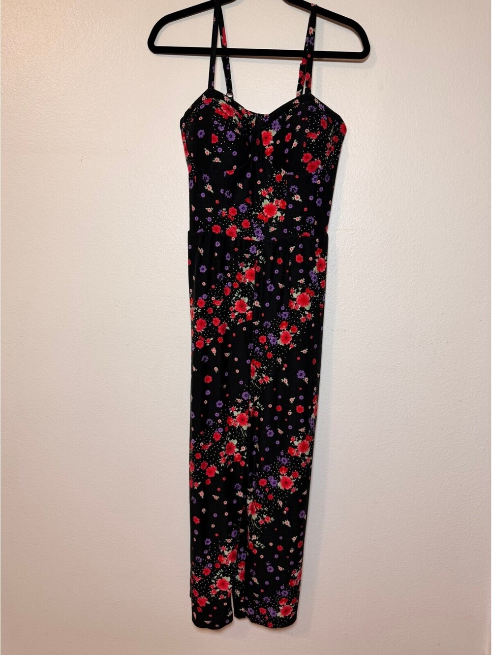 No Boundaries Black Floral Jumpsuit XL Bustier Wide Leg Smocked